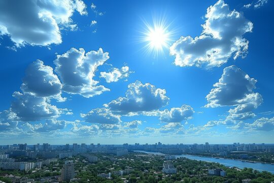 Bright sunshine over a big city with a river flowing through it