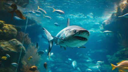 Fototapeta na wymiar Underwater Majesty: A Shark’s Realm in a Large Aquarium