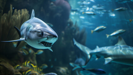 Fototapeta premium Oceanic Spectacle: Captivating View of a Shark in an Aquarium