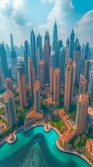 A top view of Dubai skyscrapers and a large man-made lake in the middle