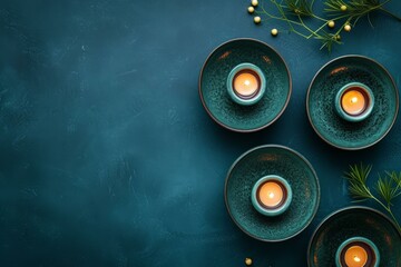 Tealight candles in ceramic bowls on dark blue background - obrazy, fototapety, plakaty