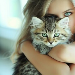 Young woman with green eyes hugging a tabby kitten