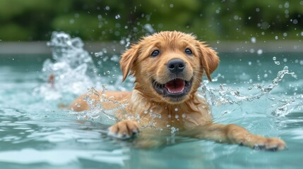 Golden Retriever puppy swimming in a pool