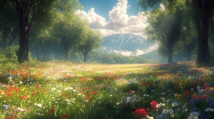 Colorful flowers in a lush green field with trees and mountains in the background