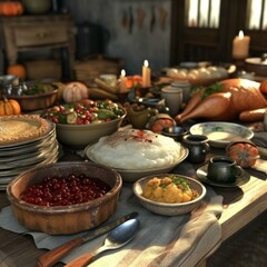 Obraz premium Thanksgiving dinner table with a variety of food