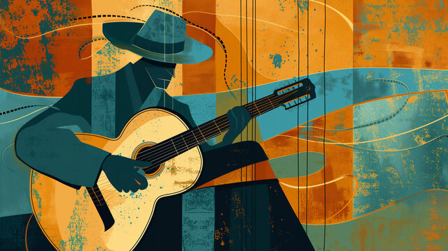Afro-American male musician guitarist playing a guitar in an abstract cubist style painting for a poster or flyer, stock illustration image 