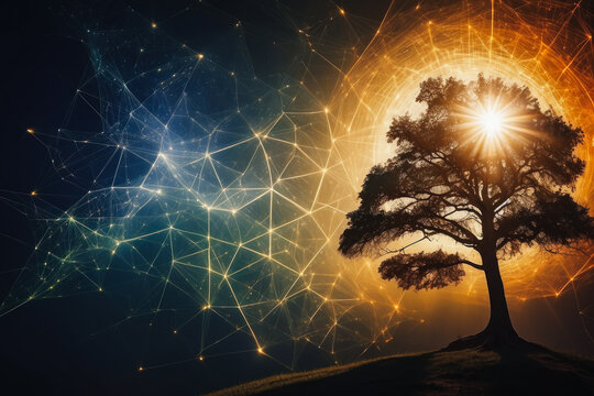 cosmic aura. Amazing sunlight shining through the beautiful leaves of the trees. A silhouette of translucent mathematical and geometric equations, symbols and lines, symbolizing the fusion