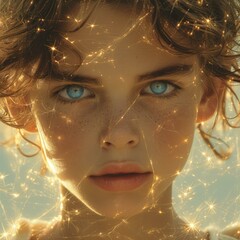 Portrait of a young boy with blue eyes and freckles, surrounded by a golden light