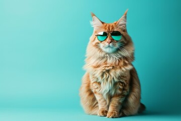 A ginger cat wearing sunglasses is sitting on a blue background