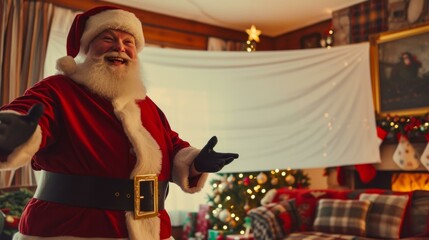 Santa Claus in a living room with a decorated Christmas tree