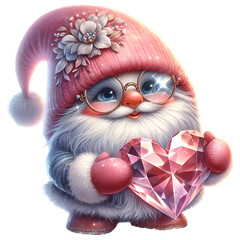 Obraz premium Cute Valentine gnomes with crystal heart graphic clipart for printable craft and digital design.
