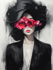 black and white portrait of a beautiful girl's face covered with a voluminous stroke of oil paint 