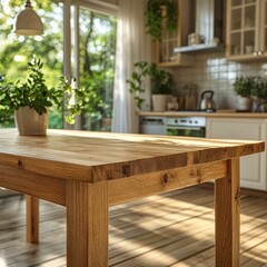 Rustic wooden table in a bright kitchen with a large window overlooking the garden