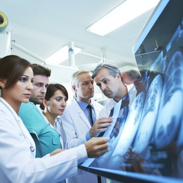 Doctors and nurses looking at an x-ray image in a hospital