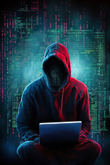A hooded figure hacking data servers and laptops on the internet while trying to hack vulnerable systems to test cybersecurity and plant a virus or malware, stock illustration image  - obrazy, fototapety, plakaty