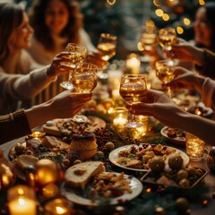 Friends toasting wine glasses at a holiday dinner party