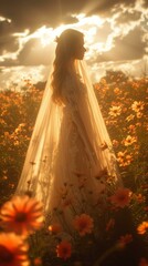 An ethereal bride stands in a field of golden flowers at sunset