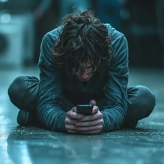 A young man sits on the ground looking at his phone - obrazy, fototapety, plakaty