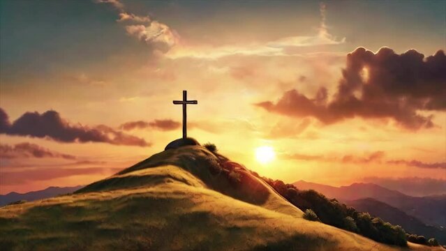 The power of faith. A cross on a hill, at sunset