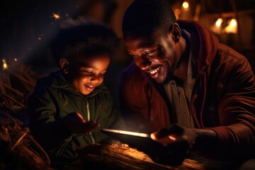 A man and a child concentrate as they look at a tablet screen, engaging in digital activities together.