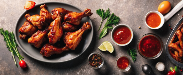 fresh chicken boned wings in buffalo barbeque, or spicy sauce with flying ingredients and spices...