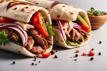 fresh grilled beef turkish or chicken arabic shawarma doner sandwich with flying ingredients and spices hot ready to serve and eat food commercial advertisement menu banner with copy space area  - obrazy, fototapety, plakaty