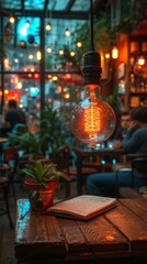 An incandescent bulb hanging from the ceiling of a restaurant with a plant and notebook on a table underneath it
