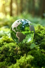 Obraz na płótnie Canvas Glass Earth on Green Moss in Forest