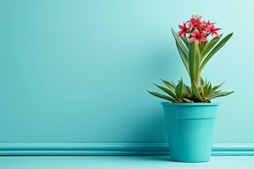 A beautiful pink flower in a blue pot sits in front of a blue background