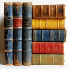 A stack of old books with leather covers