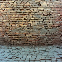 Old brick wall texture background in perspective with cobble stone floor