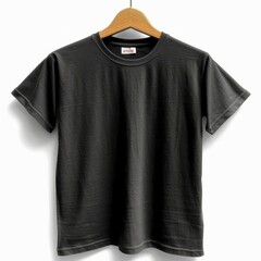 A black t-shirt on a wooden hanger against a white background