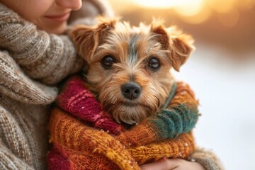 girl with yorkshire terrier in winter 