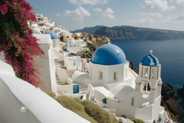 Santorini, Greece. A beautiful island with whitewashed buildings and blue domed churches.