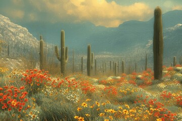 Desert landscape with cacti and flowers