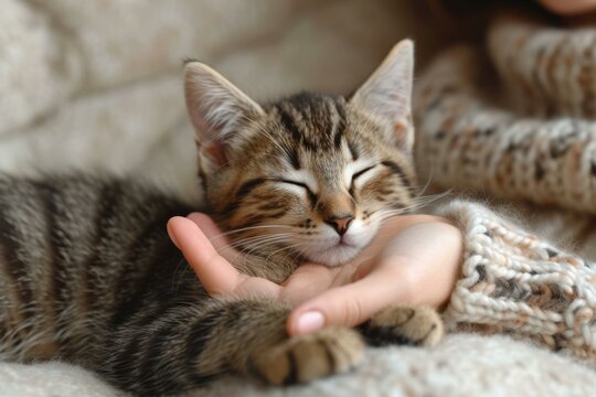 A cute tabby kitten sleeping in a woman's hand