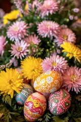 Obraz na płótnie Canvas Colorful Easter eggs with flower bouquet