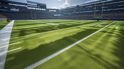 American football stadium with green field and empty seats