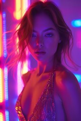 Portrait of a young woman with long brown hair and blue eyes. She is wearing a silver dress with a plunging neckline and is standing in front of a colorful neon background.