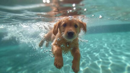 Golden Retriever puppy swimming underwater