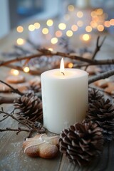 Fototapeta na wymiar A beautiful picture of a lit candle surrounded by pine cones and cookies