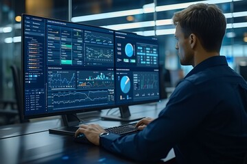 Businessman analyzing financial data on multiple computer monitors.è‚¡ç¥¨äº¤æ˜“å‘˜åœ¨å¤šå°ç”µè„‘å±å¹•ä¸Šåˆ†æžé‡‘èžæ•°æ®ã€‚