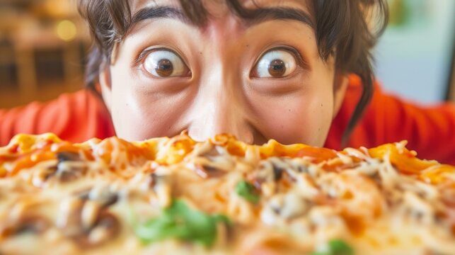 A woman with wide open eyes looks at a pizza hungrily