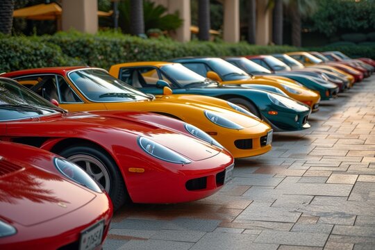 A lineup of various exotic cars parked in a row