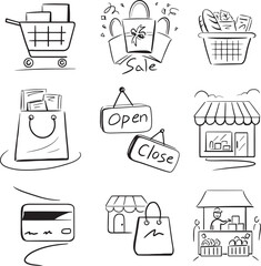 Hand draw solid black Illustration flat symbol shopping supermarket