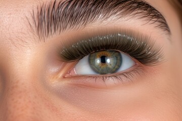 Close-up image of a woman's green eye with long false eyelashes and a dark eyebrow