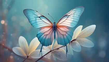 a stunning digital illustration featuring a beautiful butterfly gracefully isolated against a serene blue background. Capture the intricate details of the butterfly's wings, and evoke a sense of tranq