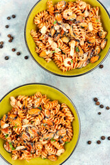 Pasta with mussels and shrimp.