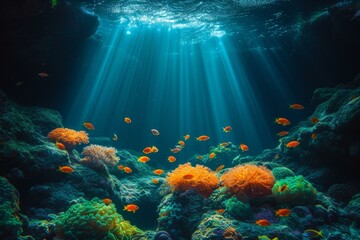 Underwater world full of life and color with various species of fish and coral