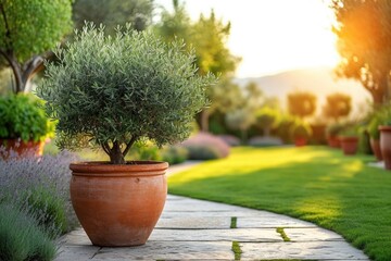 A sturdy terracotta colored pot containing a flowering olive tree with lush green leaves. Outdoor garden. - obrazy, fototapety, plakaty